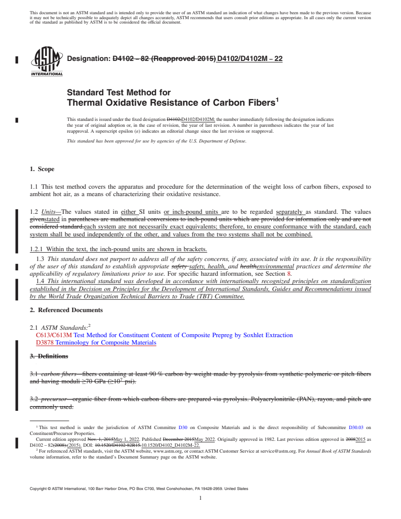 REDLINE ASTM D4102/D4102M-22 - Standard Test Method for  Thermal Oxidative Resistance of Carbon Fibers