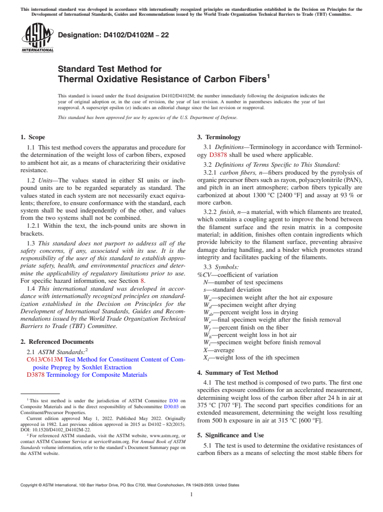 ASTM D4102/D4102M-22 - Standard Test Method for  Thermal Oxidative Resistance of Carbon Fibers