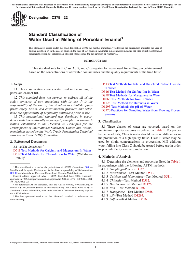 ASTM C375-22 - Standard Classification of  Water Used in Milling of Porcelain Enamel
