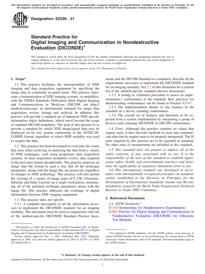 ASTM E2339-21 - Standard Practice for  Digital Imaging and Communication in Nondestructive Evaluation  (DICONDE)