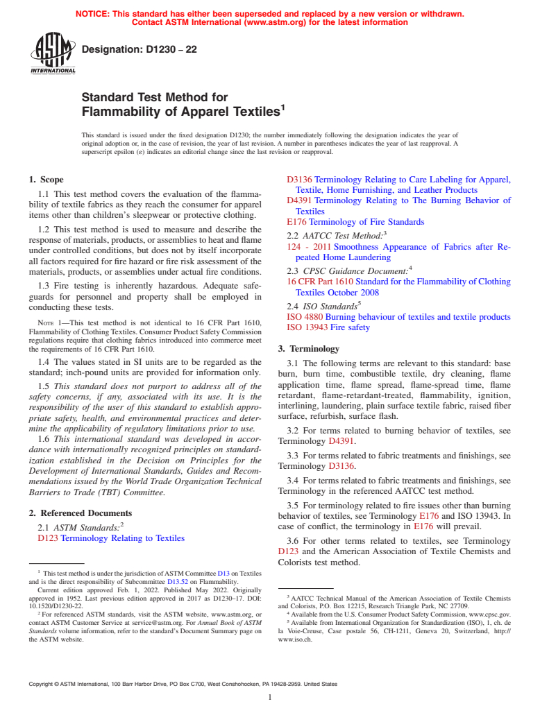 ASTM D1230-22 - Standard Test Method for  Flammability of Apparel Textiles