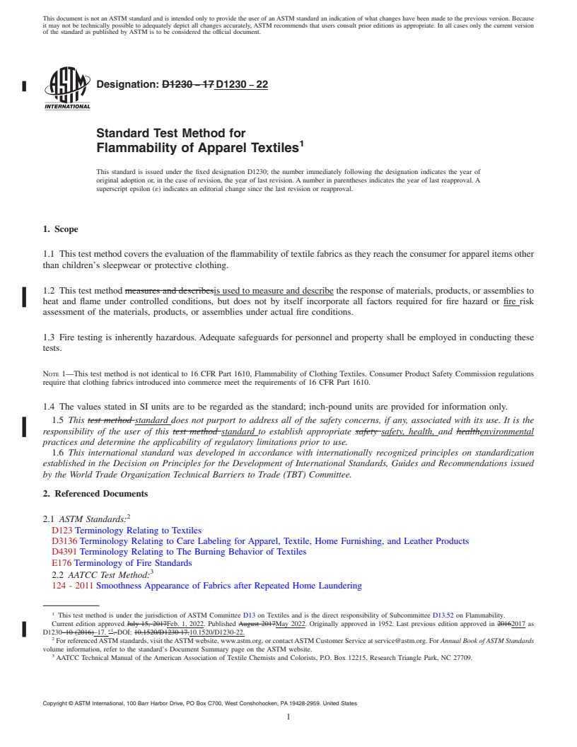 REDLINE ASTM D1230-22 - Standard Test Method for  Flammability of Apparel Textiles