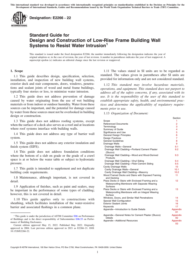 ASTM E2266-22 - Standard Guide for Design and Construction of Low-Rise Frame Building Wall Systems  to Resist Water Intrusion