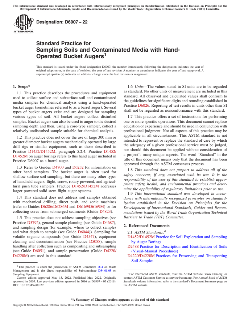 ASTM D6907-22 - Standard Practice for  Sampling Soils and Contaminated Media with Hand-Operated Bucket  Augers