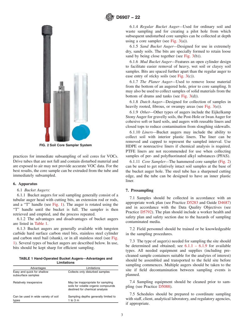 ASTM D6907-22 - Standard Practice for  Sampling Soils and Contaminated Media with Hand-Operated Bucket  Augers