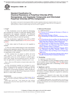 ASTM D5260-22 ASTM D5260-22 - Standard Classification for Chemical Resistance of Poly(Vinyl Chloride) (PVC) Homopolymer and Copolymer Compounds and Chlorinated Poly(Vinyl Chloride) (CPVC) Compounds - Page 1 preview