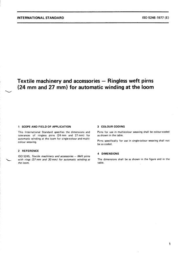 ISO 5246:1977 - Textile machinery and accessories -- Ringless weft pirns (24 mm and 27 mm) for automatic winding at the loom