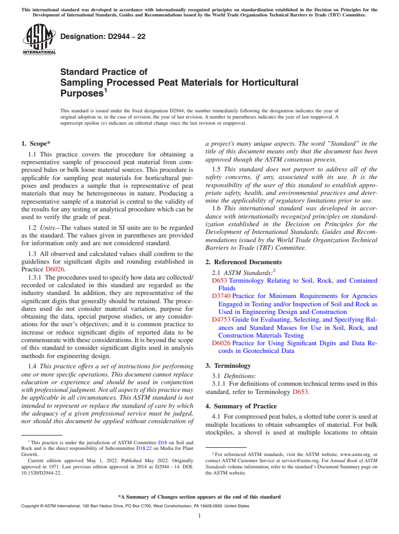 ASTM D2944-22 - Standard Practice of  Sampling Processed Peat Materials for Horticultural Purposes