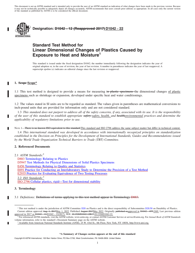 REDLINE ASTM D1042-22 - Standard Test Method for Linear Dimensional Changes of Plastics Caused by Exposure to  Heat and Moisture