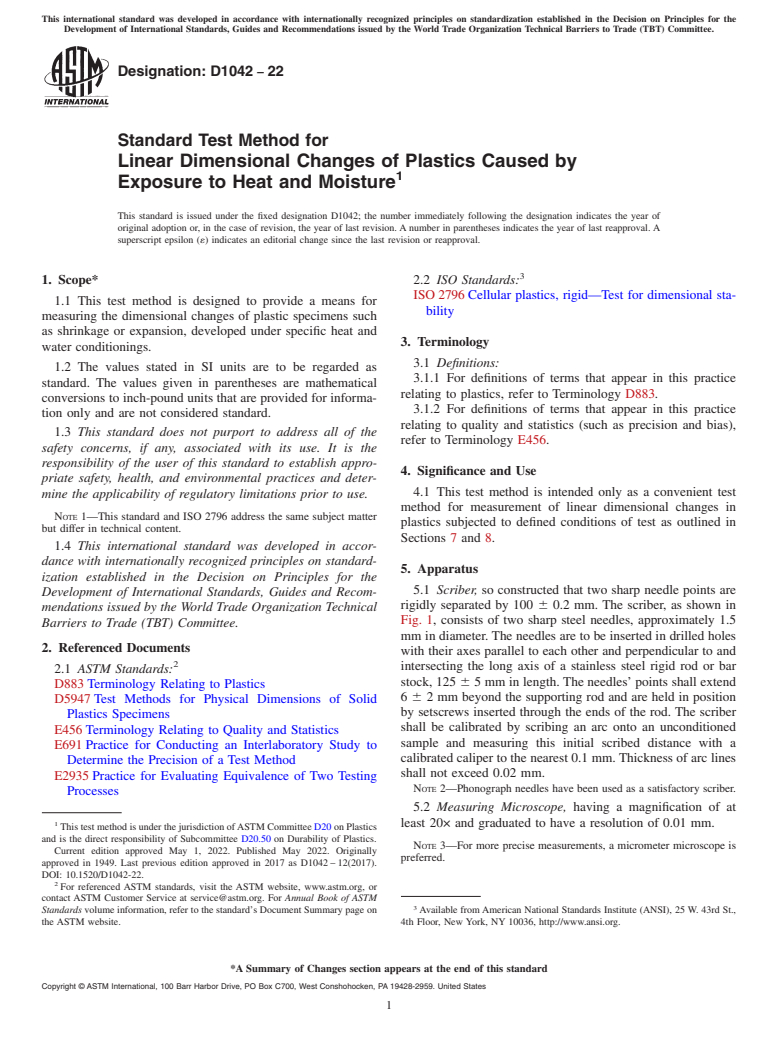 ASTM D1042-22 - Standard Test Method for Linear Dimensional Changes of Plastics Caused by Exposure to  Heat and Moisture