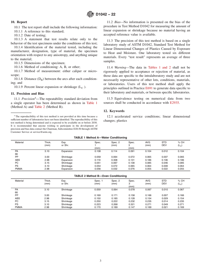 ASTM D1042-22 - Standard Test Method for Linear Dimensional Changes of Plastics Caused by Exposure to  Heat and Moisture