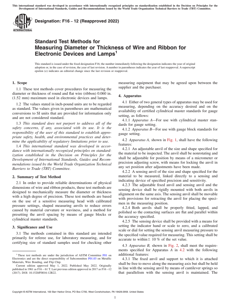 ASTM F16-12(2022) - Standard Test Methods for  Measuring Diameter or Thickness of Wire and Ribbon for Electronic  Devices and Lamps