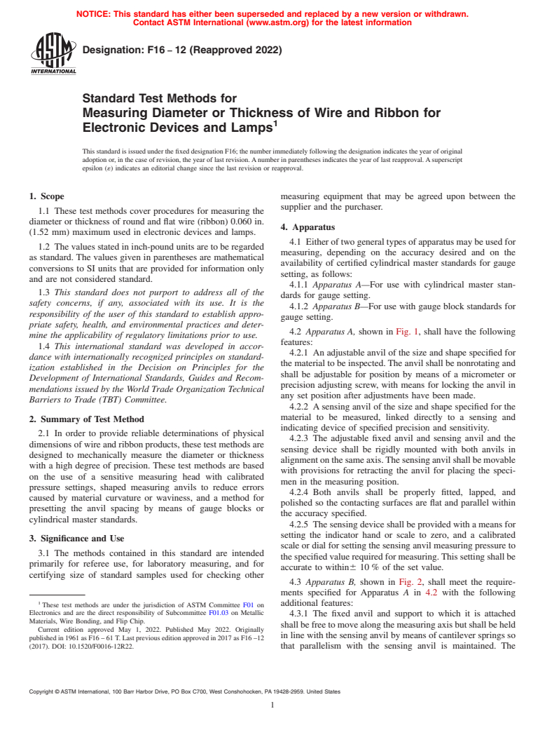 ASTM F16-12(2022) - Standard Test Methods for  Measuring Diameter or Thickness of Wire and Ribbon for Electronic  Devices and Lamps (Withdrawn 2023)