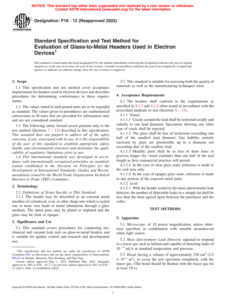 ASTM F18-12(2022) - Standard Specification and Test Method for  Evaluation of Glass-to-Metal Headers Used in Electron Devices (Withdrawn 2023)