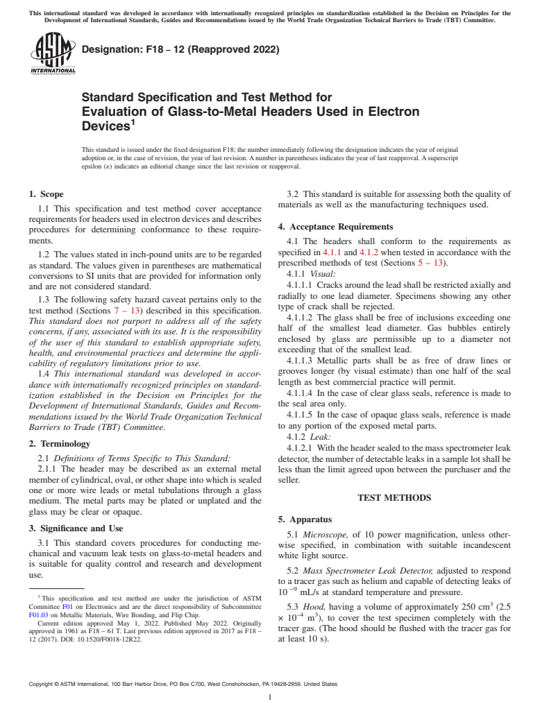 ASTM F18-12(2022) - Standard Specification and Test Method for  Evaluation of Glass-to-Metal Headers Used in Electron Devices