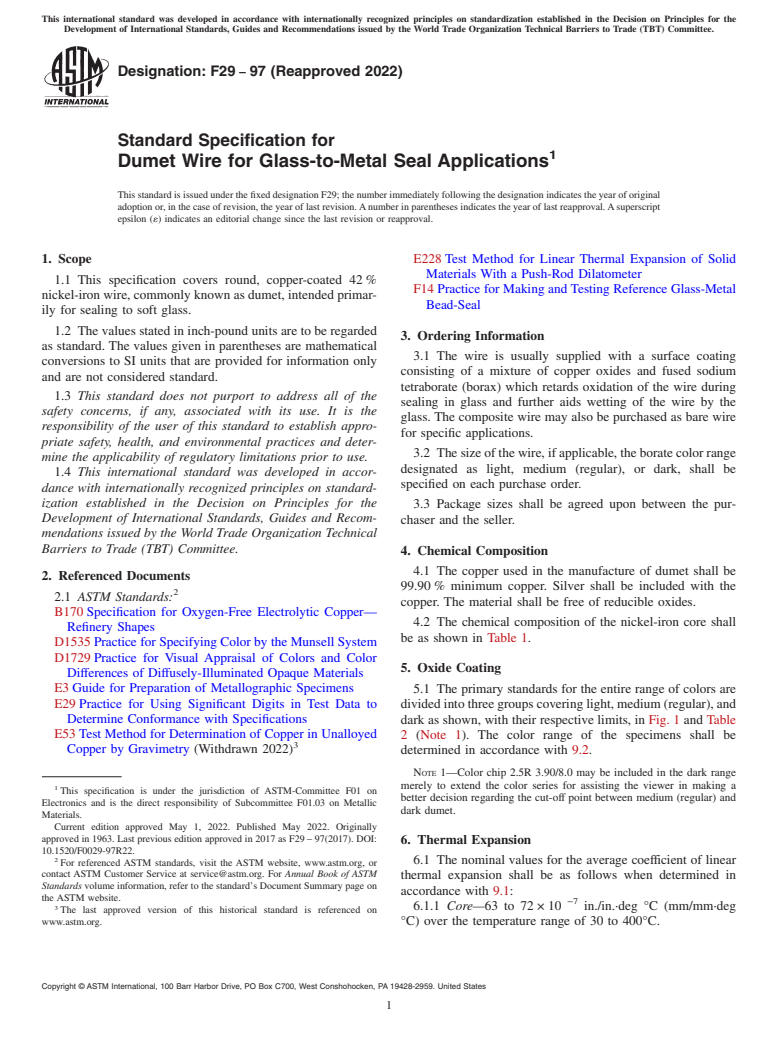 ASTM F29-97(2022) - Standard Specification for  Dumet Wire for Glass-to-Metal Seal Applications