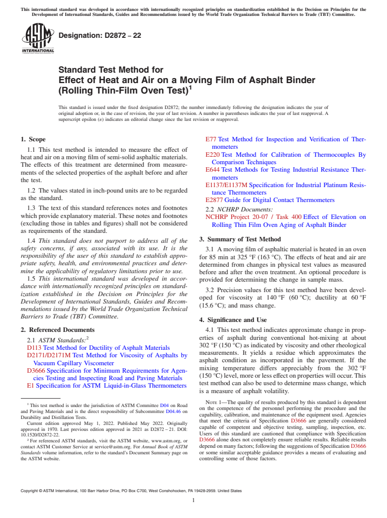 ASTM D2872-22 - Standard Test Method for Effect of Heat and Air on a Moving Film of Asphalt Binder (Rolling  Thin-Film Oven Test)