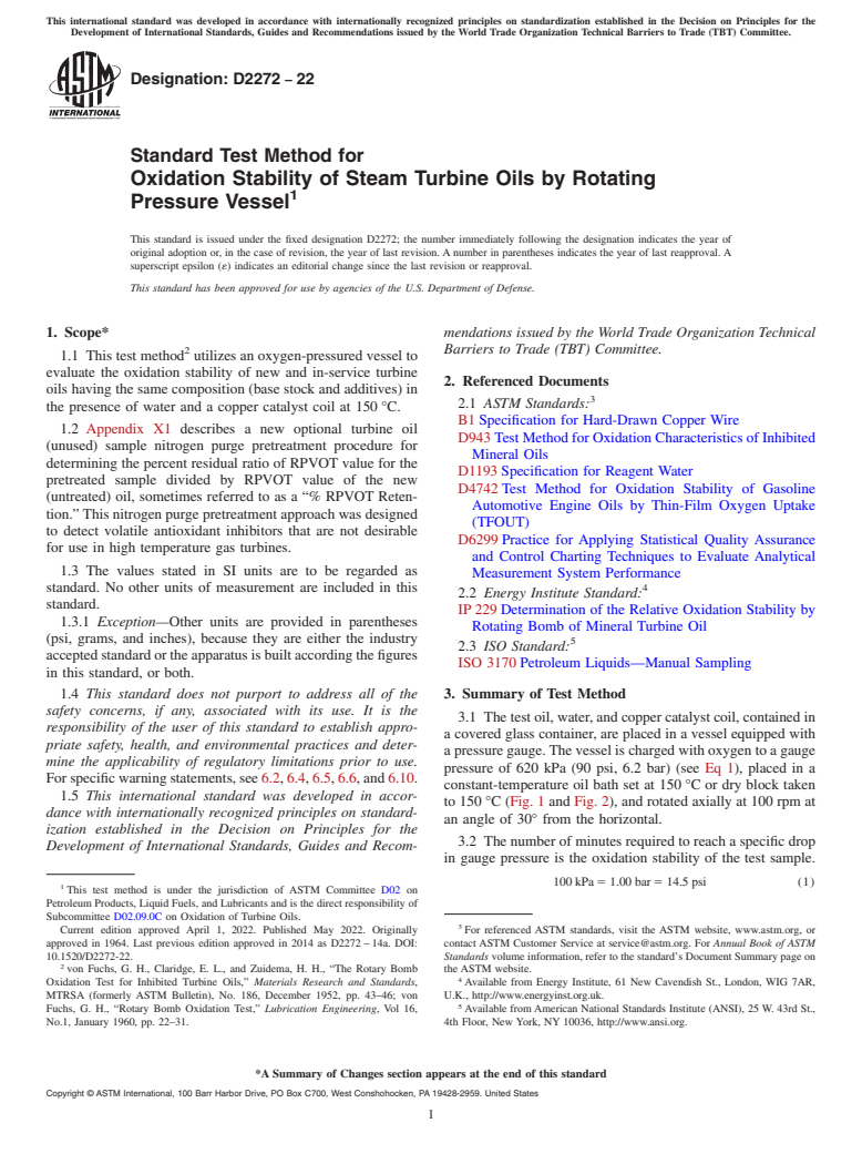ASTM D2272-22 - Standard Test Method for  Oxidation Stability of Steam Turbine Oils by Rotating Pressure   Vessel