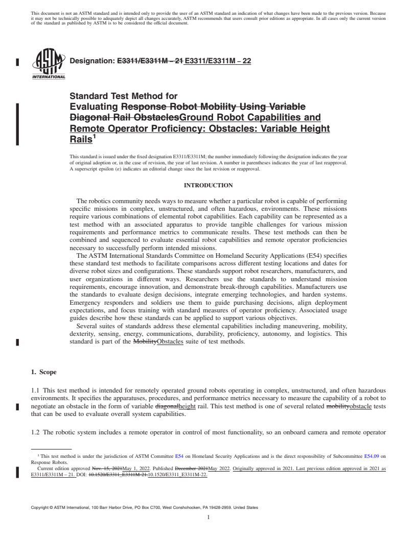 REDLINE ASTM E3311/E3311M-22 - Standard Test Method for Evaluating Ground Robot Capabilities and Remote Operator Proficiency:  Obstacles: Variable Height Rails