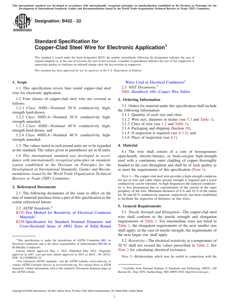 ASTM B452-22 - Standard Specification for Copper-Clad Steel Wire for Electronic Application