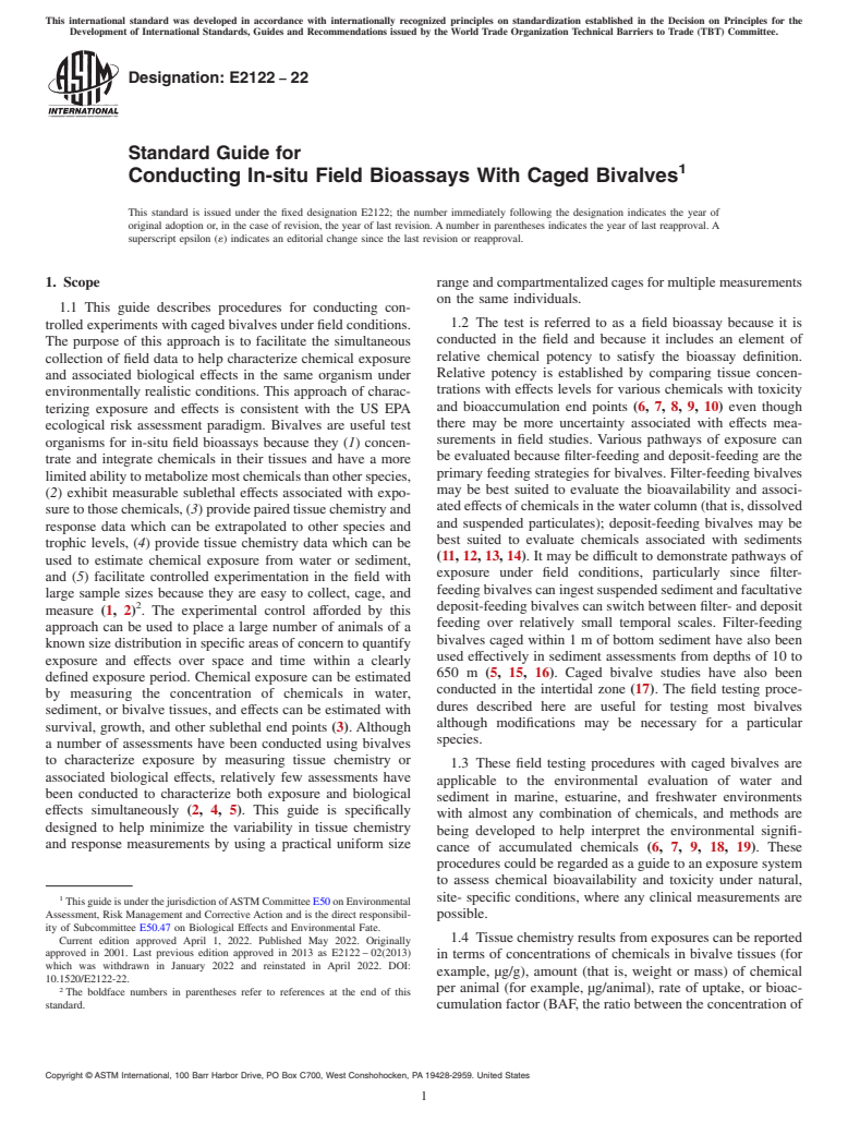 ASTM E2122-22 - Standard Guide for  Conducting In-situ Field Bioassays With Caged Bivalves