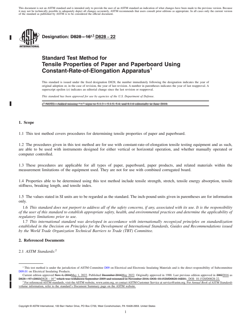 REDLINE ASTM D828-22 - Standard Test Method for Tensile Properties of Paper and Paperboard Using Constant-Rate-of-Elongation  Apparatus