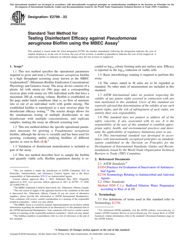 ASTM E2799-22 - Standard Test Method for  Testing Disinfectant Efficacy against <emph type="bdit">Pseudomonas  aeruginosa</emph> Biofilm using the MBEC Assay