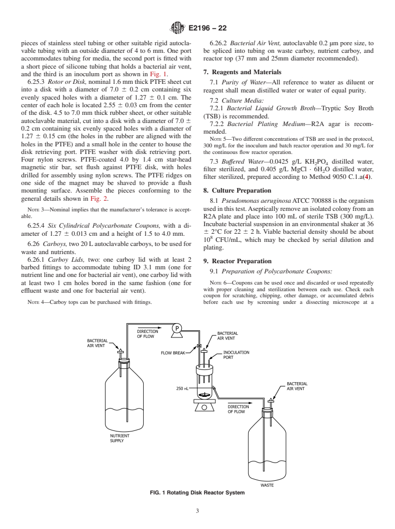 ASTM E2196-22 - Standard Test Method for  Quantification of <emph type="bdit">Pseudomonas aeruginosa</emph  > Biofilm Grown with Medium Shear and Continuous Flow Using Rotating  Disk Reactor