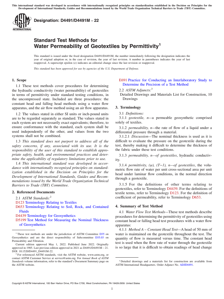 ASTM D4491/D4491M-22 - Standard Test Methods for Water Permeability of Geotextiles by Permittivity