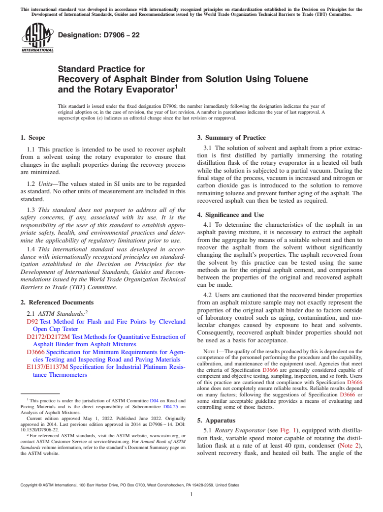 ASTM D7906-22 - Standard Practice for Recovery of Asphalt Binder from Solution Using Toluene and  the Rotary Evaporator