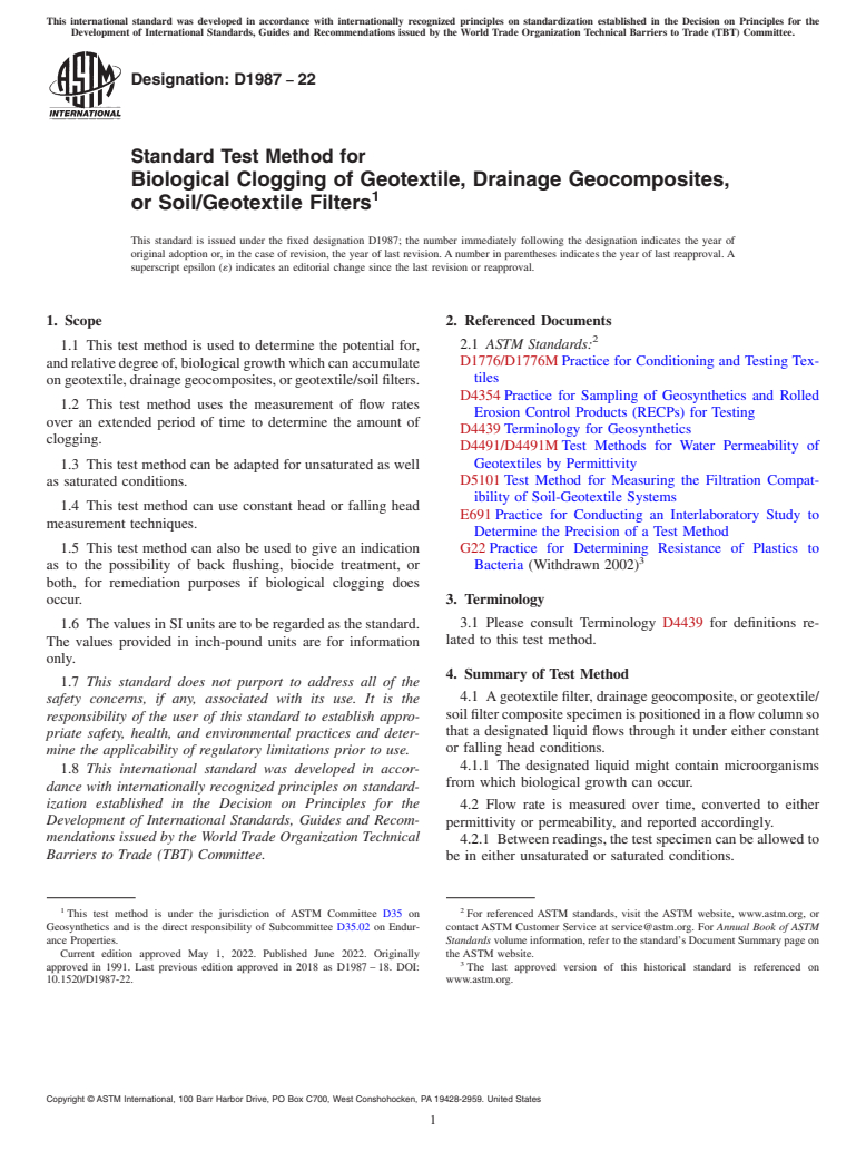 ASTM D1987-22 - Standard Test Method for  Biological Clogging of Geotextile, Drainage Geocomposites,  or Soil/Geotextile Filters