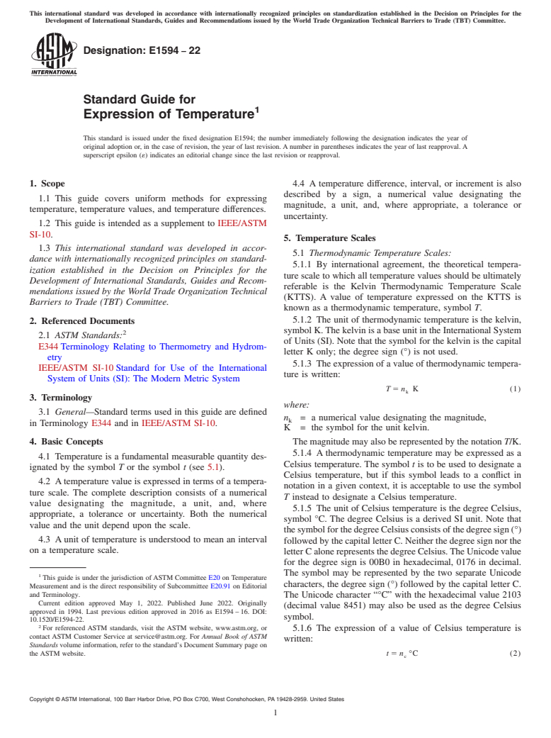 ASTM E1594-22 - Standard Guide for  Expression of Temperature