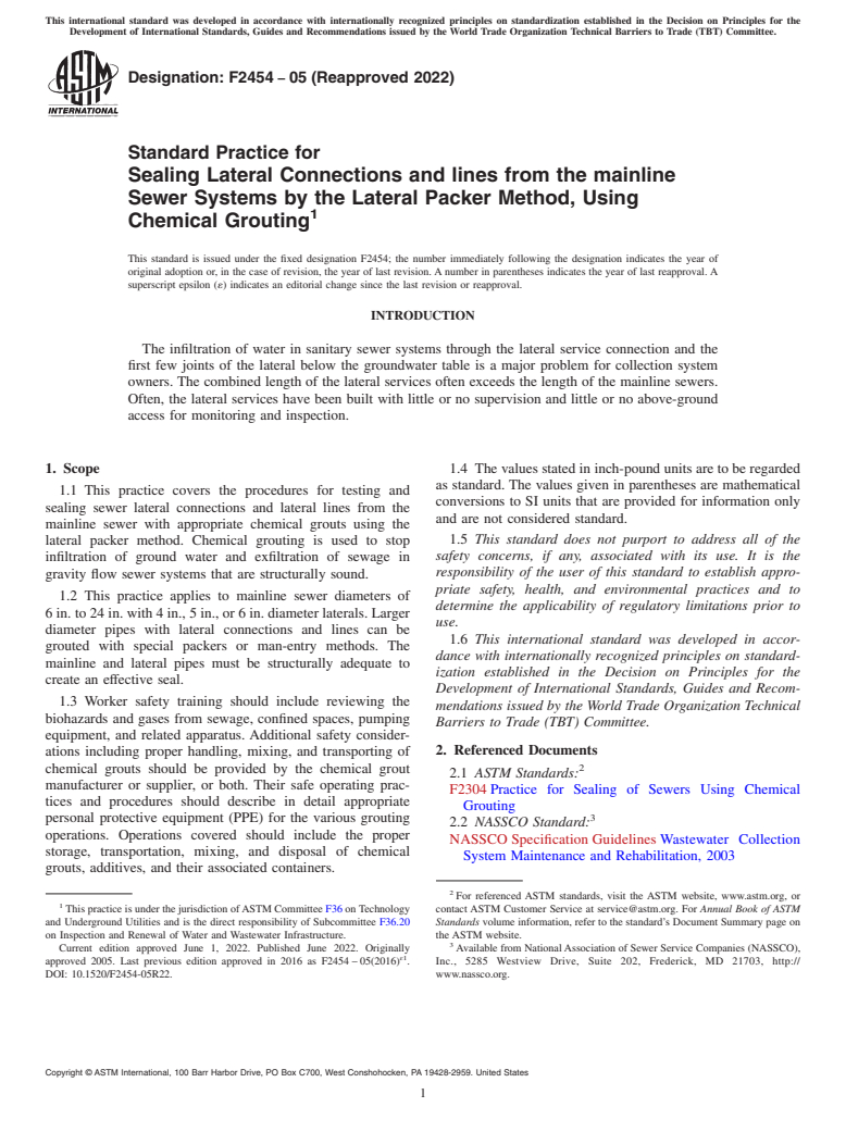 ASTM F2454-05(2022) - Standard Practice for Sealing Lateral Connections and lines from the mainline Sewer  Systems by the Lateral Packer Method, Using Chemical Grouting