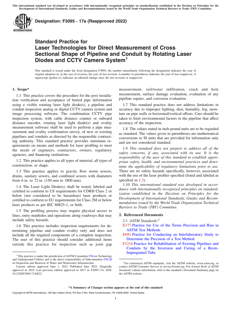 ASTM F3095-17a(2022) - Standard Practice for Laser Technologies for Direct Measurement of Cross Sectional  Shape of Pipeline and Conduit by Rotating Laser Diodes and CCTV Camera  System