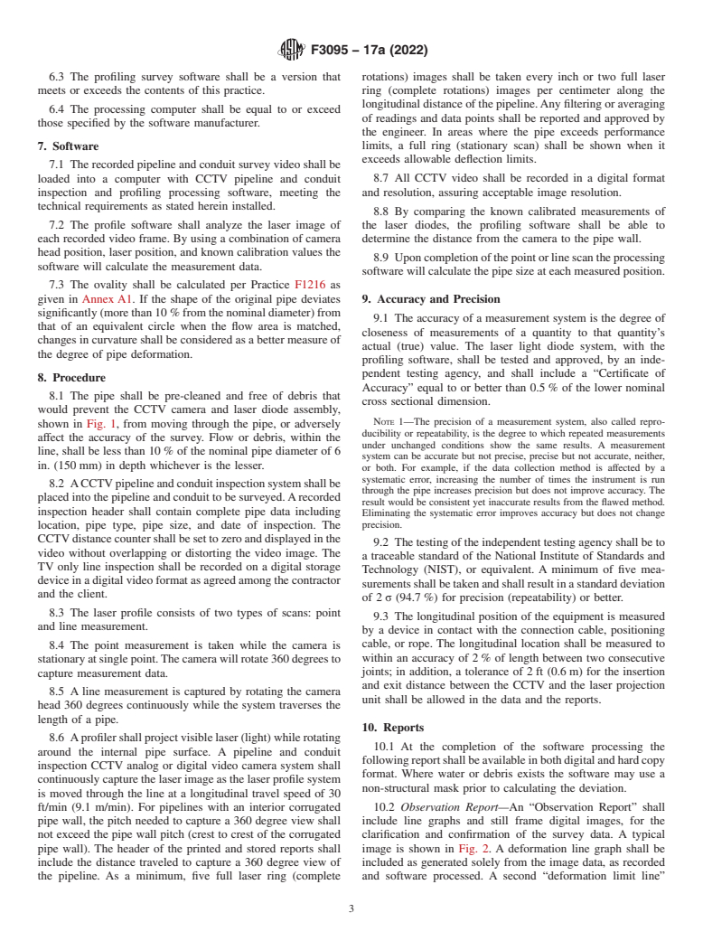 ASTM F3095-17a(2022) - Standard Practice for Laser Technologies for Direct Measurement of Cross Sectional  Shape of Pipeline and Conduit by Rotating Laser Diodes and CCTV Camera  System