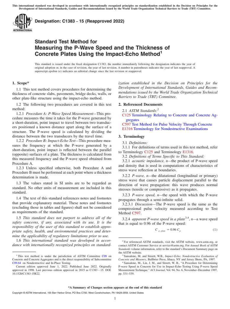 ASTM C1383-15(2022) - Standard Test Method for  Measuring the P-Wave Speed and the Thickness of Concrete Plates  Using the Impact-Echo Method