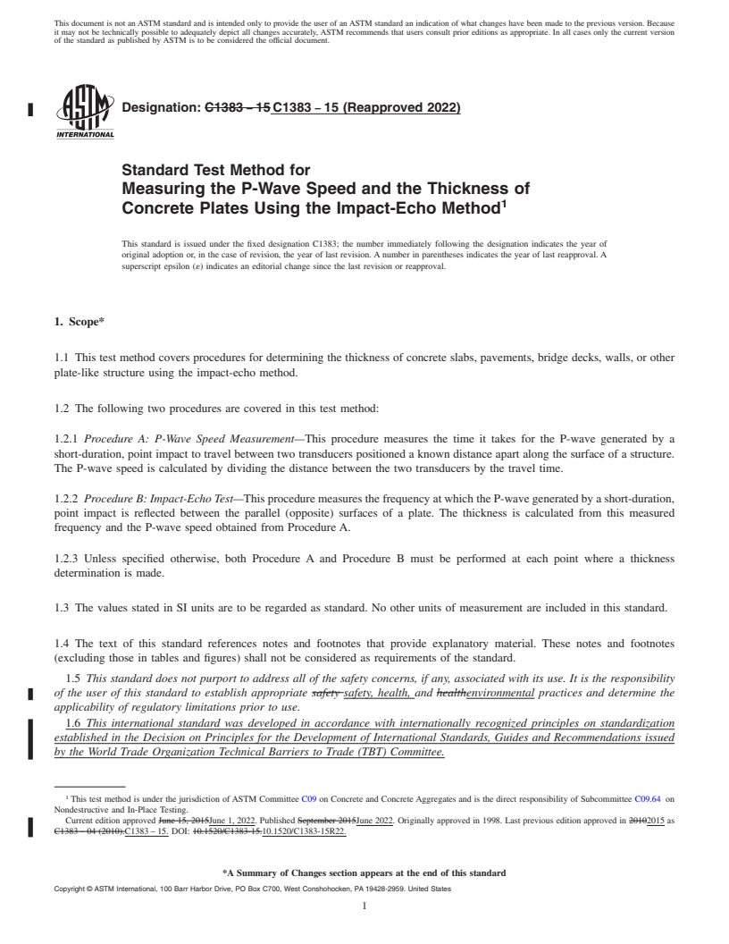 REDLINE ASTM C1383-15(2022) - Standard Test Method for  Measuring the P-Wave Speed and the Thickness of Concrete Plates  Using the Impact-Echo Method