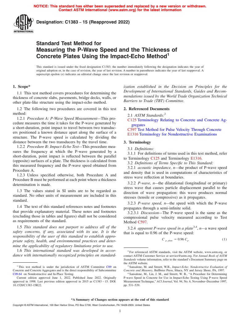 ASTM C1383-15(2022) - Standard Test Method for  Measuring the P-Wave Speed and the Thickness of Concrete Plates  Using the Impact-Echo Method