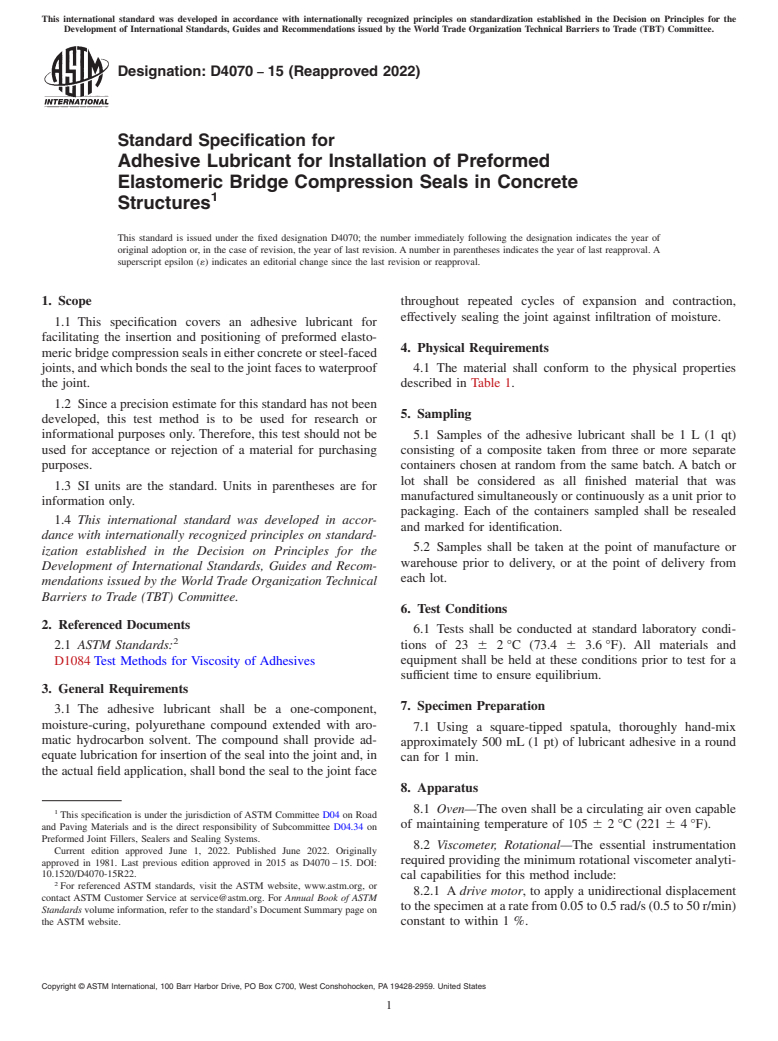 ASTM D4070-15(2022) - Standard Specification for Adhesive Lubricant for Installation of Preformed Elastomeric  Bridge Compression Seals in Concrete Structures