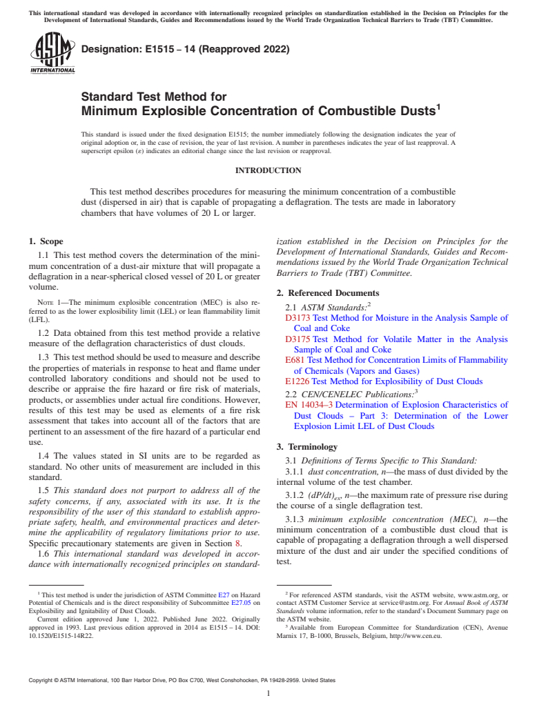 ASTM E1515-14(2022) - Standard Test Method for  Minimum Explosible Concentration of Combustible Dusts