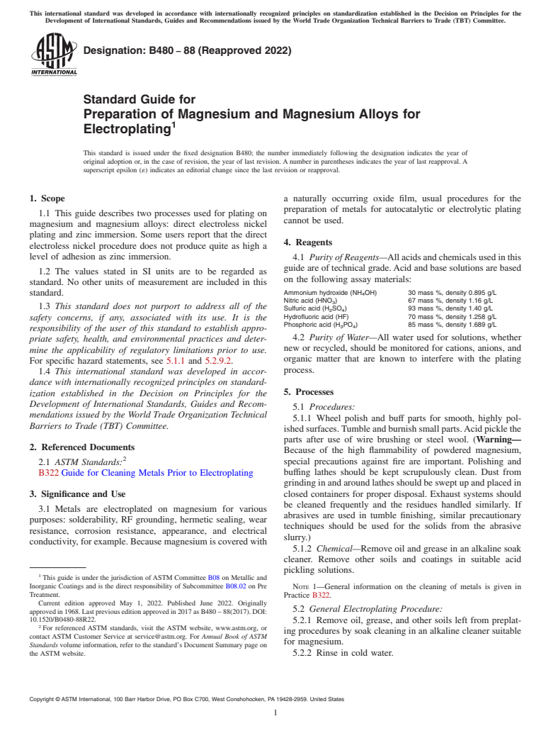 ASTM B480-88(2022) - Standard Guide for  Preparation of Magnesium and Magnesium Alloys for Electroplating