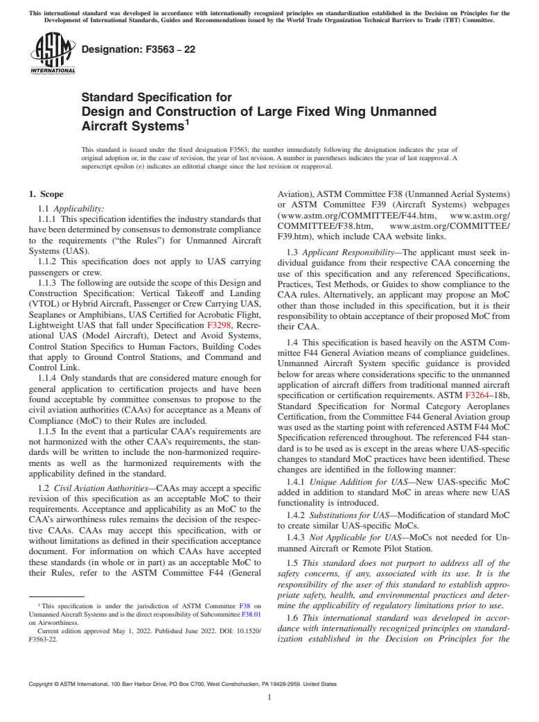 ASTM F3563-22 - Standard Specification for Design and Construction of Large Fixed Wing Unmanned Aircraft  Systems