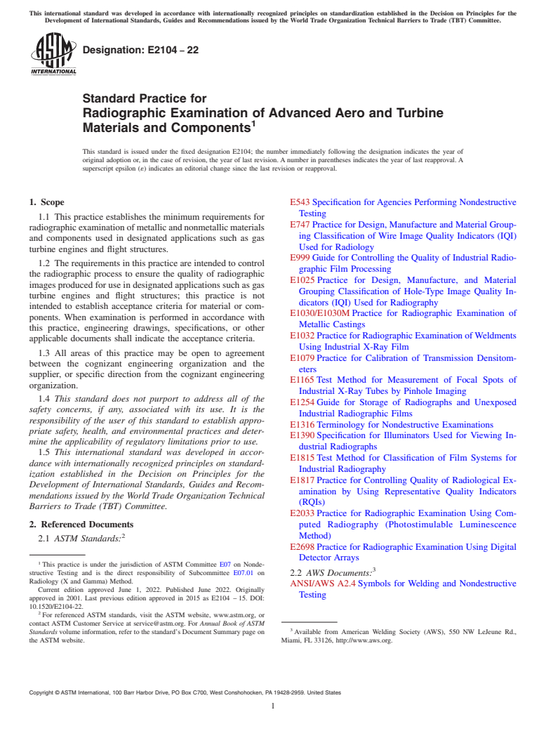 ASTM E2104-22 - Standard Practice for  Radiographic Examination of Advanced Aero and Turbine Materials  and Components