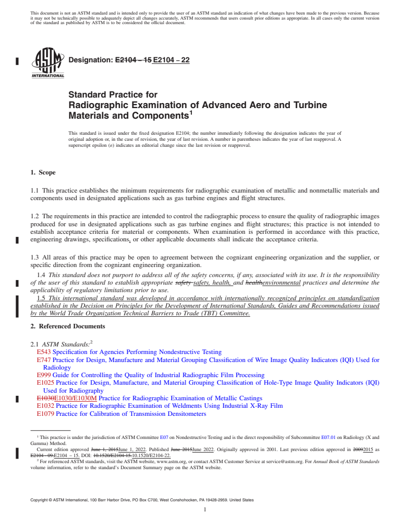 REDLINE ASTM E2104-22 - Standard Practice for  Radiographic Examination of Advanced Aero and Turbine Materials  and Components