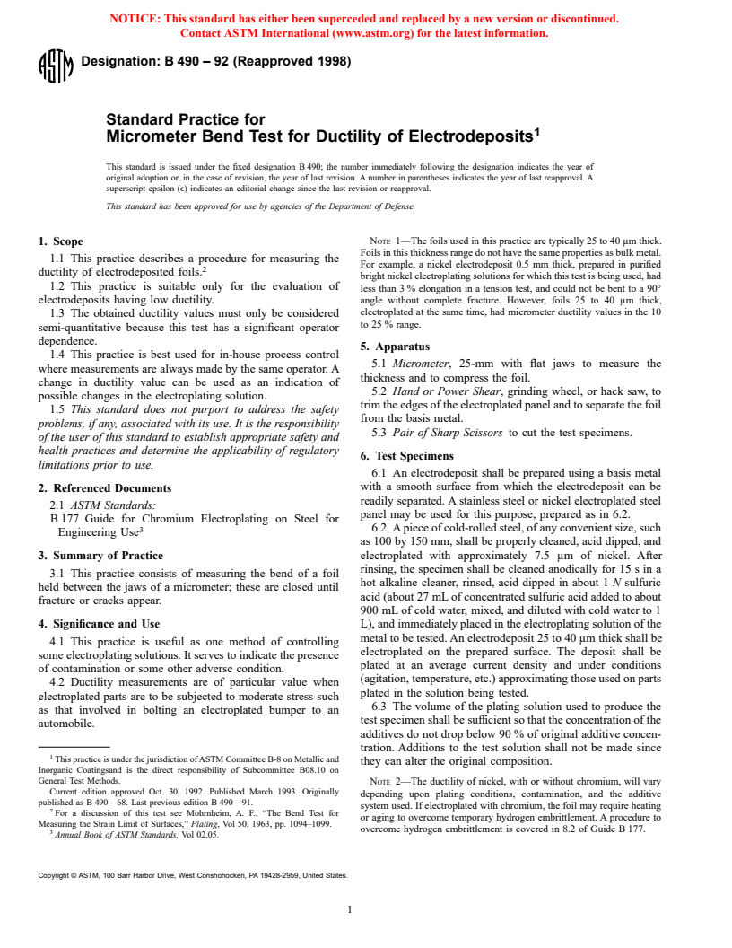 ASTM B490-92(1998) - Standard Practice for Micrometer Bend Test for Ductility of Electrodeposits