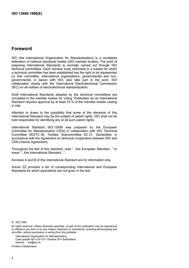 ISO 12958:1999 ISO 12958:1999 - Geotextiles and geotextile-related products -- Determination of water flow capacity in their plane - Page 2 preview