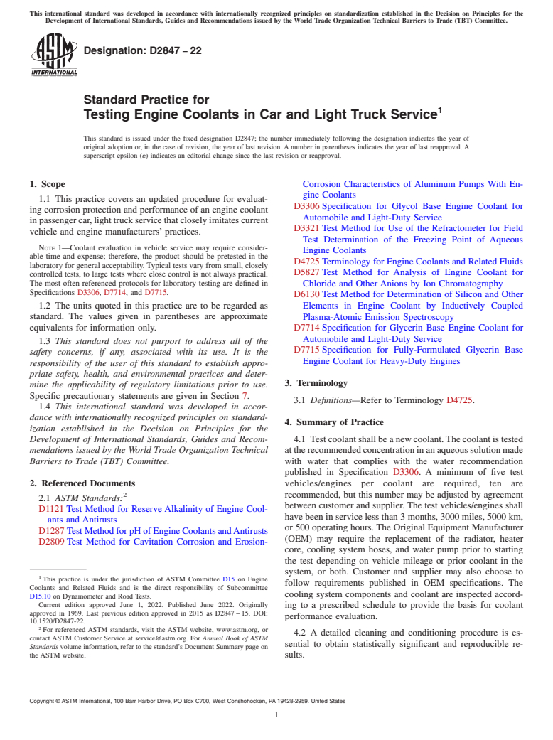 ASTM D2847-22 - Standard Practice for Testing Engine Coolants in Car and Light Truck Service