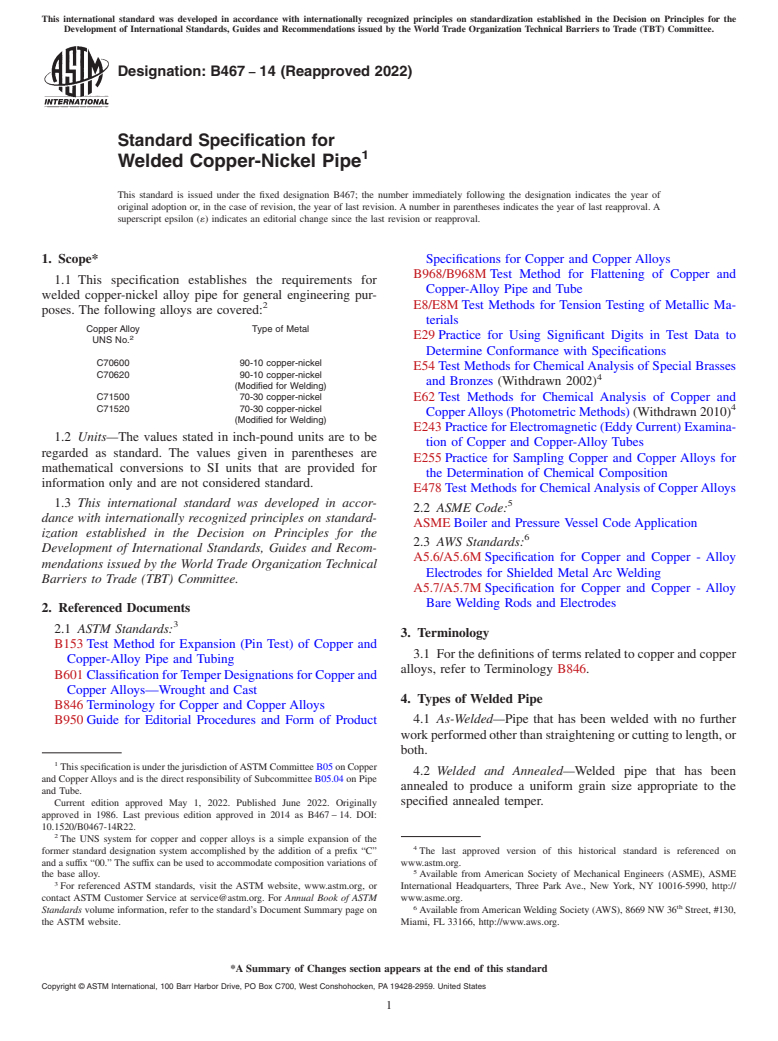 ASTM B467-14(2022) - Standard Specification for Welded Copper-Nickel Pipe