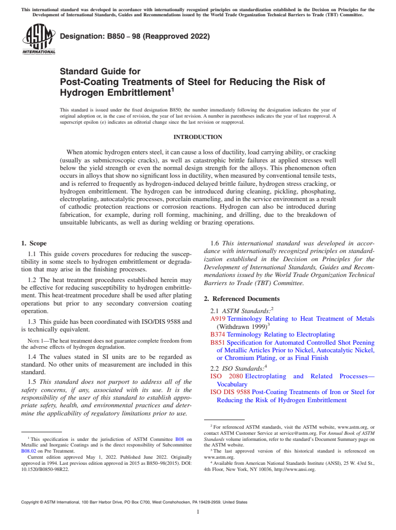 ASTM B850-98(2022) - Standard Guide for  Post-Coating Treatments of Steel for Reducing the Risk of Hydrogen   Embrittlement