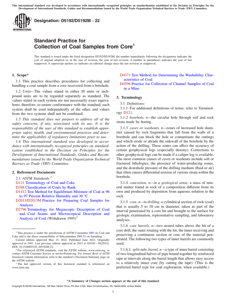 ASTM D5192/D5192M-22 - Standard Practice for  Collection of Coal Samples from Core